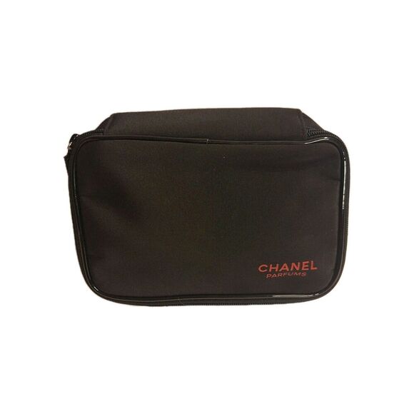 CHANEL Handbags - Chanel Parfums Black Cosmetic Zipper Pouch Red Logo